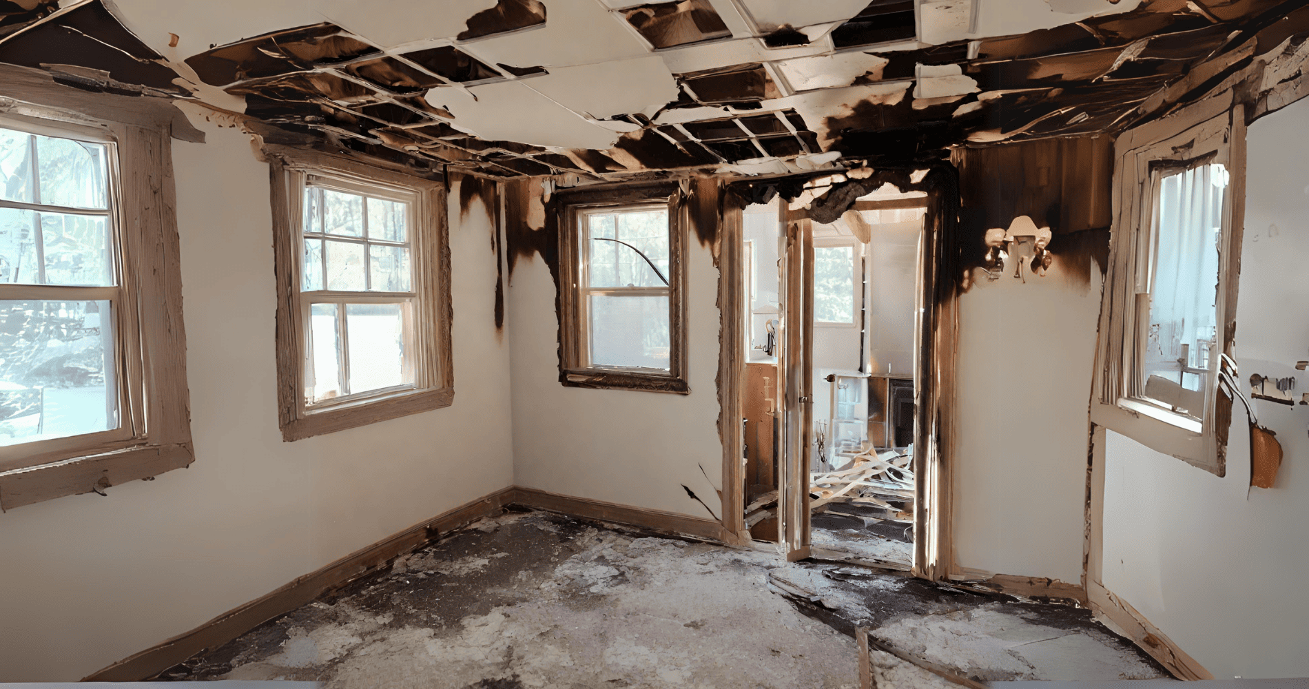 Charred interior of a Indianapolis commercial space after a fire