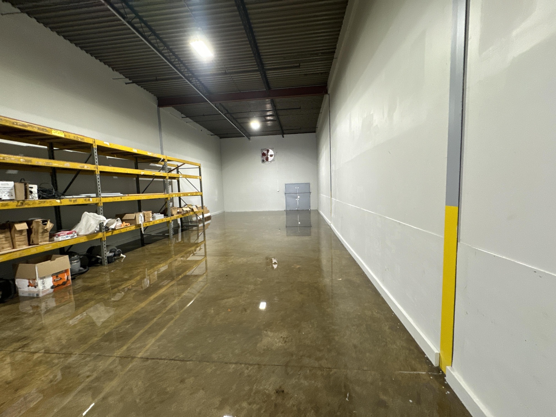 Warehouse shelves flooded after a storm event in Indianapolis